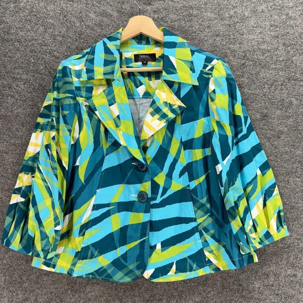 Tribal Blazer Women 10 Blue Floral Button Up Collared Long Sleeve Cotton Stretch